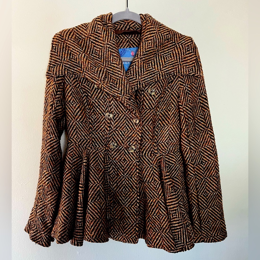Free People Patricia Peplum Chevron Pea Coat Brown Orange Tan (Size 4)